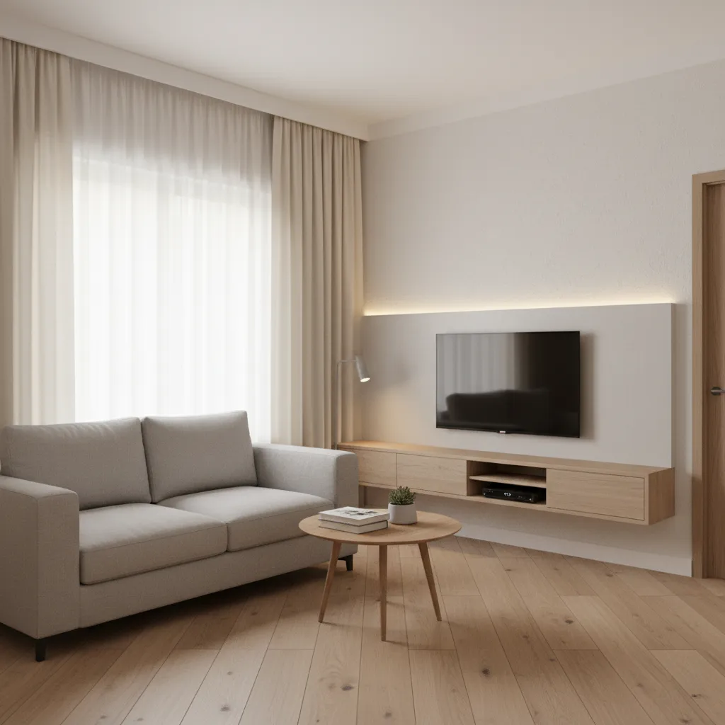 Modern living room with grey sofa wooden coffee table wall mounted television light wood floor