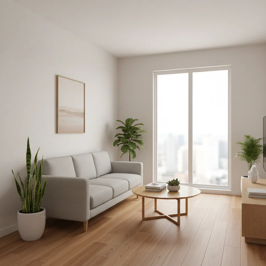 compact 1 BHK living room interior with light colors and modern furniture