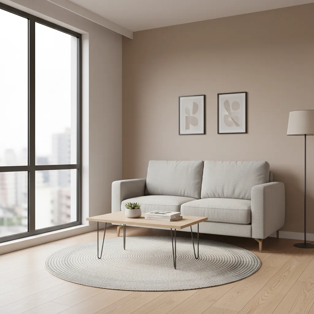 Compact 1 BHK living room with sofa, coffee table and minimal decor