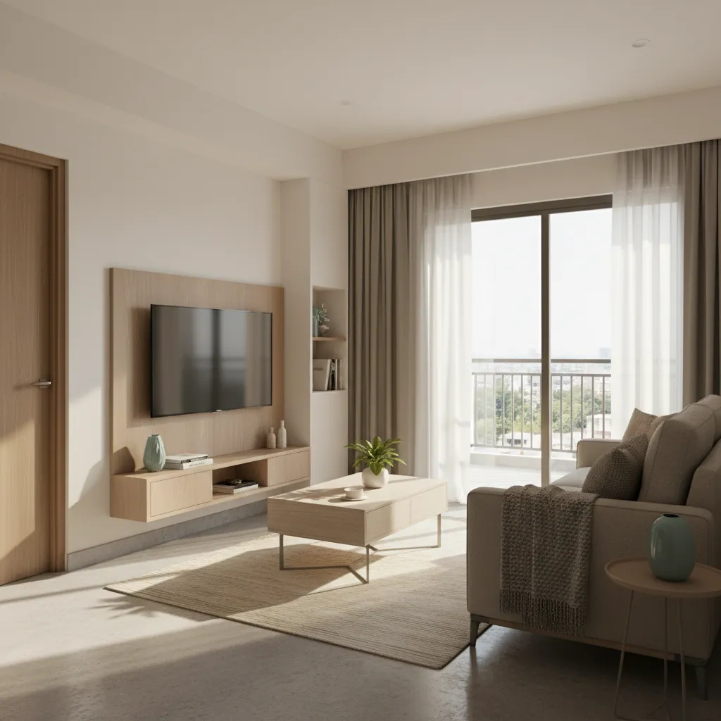 Compact living room layout in a 1 BHK flat with optimized furniture placement