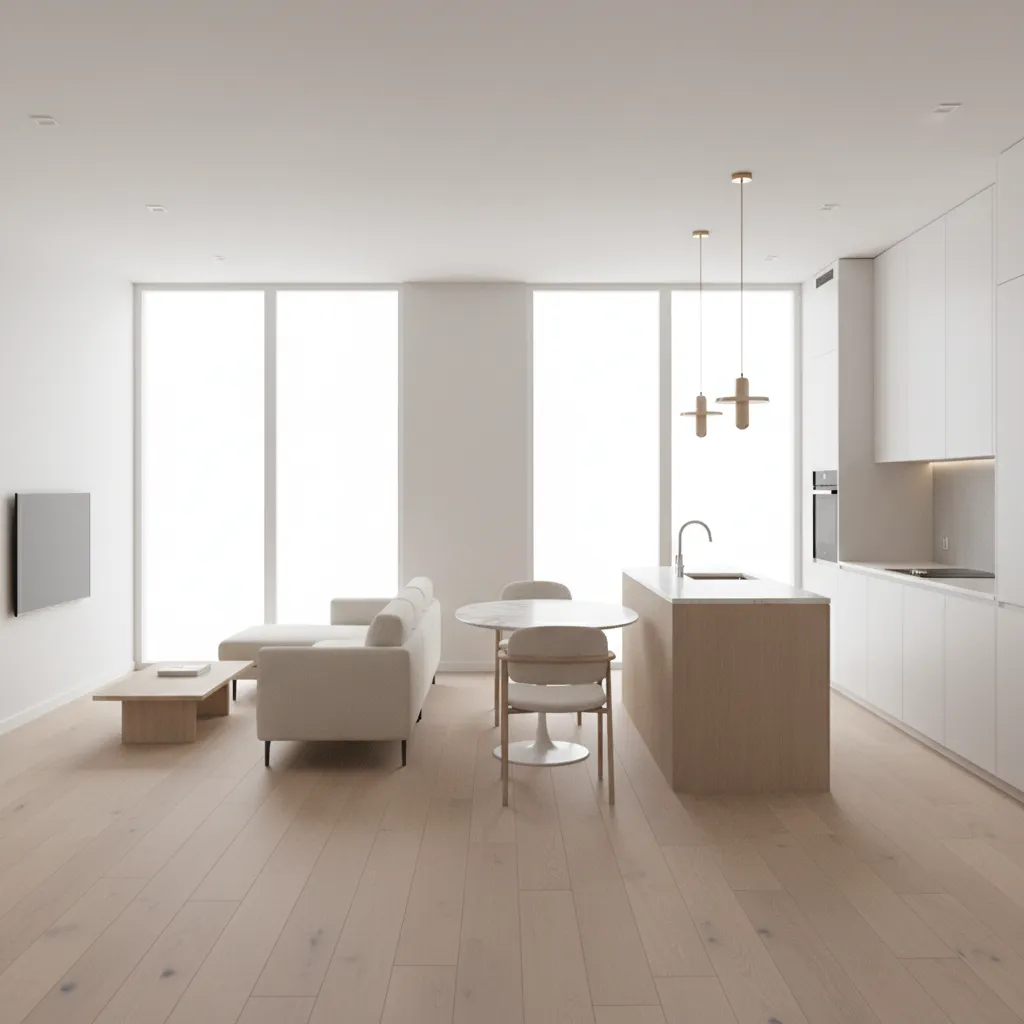 Open living dining kitchen area in a compact 2 bedroom house