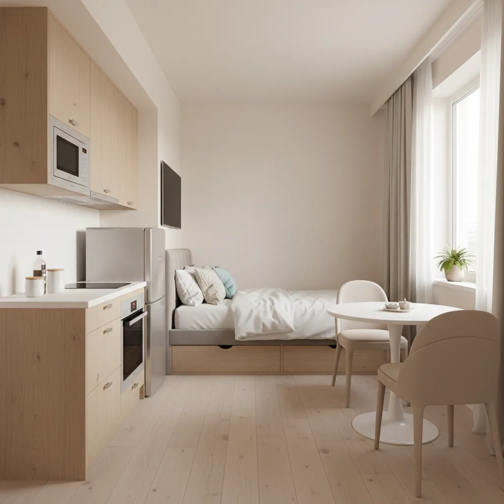 Không gian phòng trọ 20m2 bố trí gọn gàng với bếp và giường