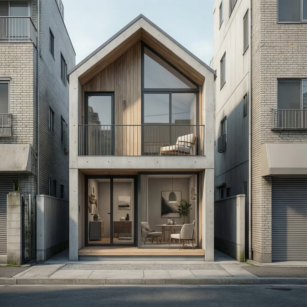 Narrow two story house with concrete walls wooden panels glass doors balcony and warm lighting