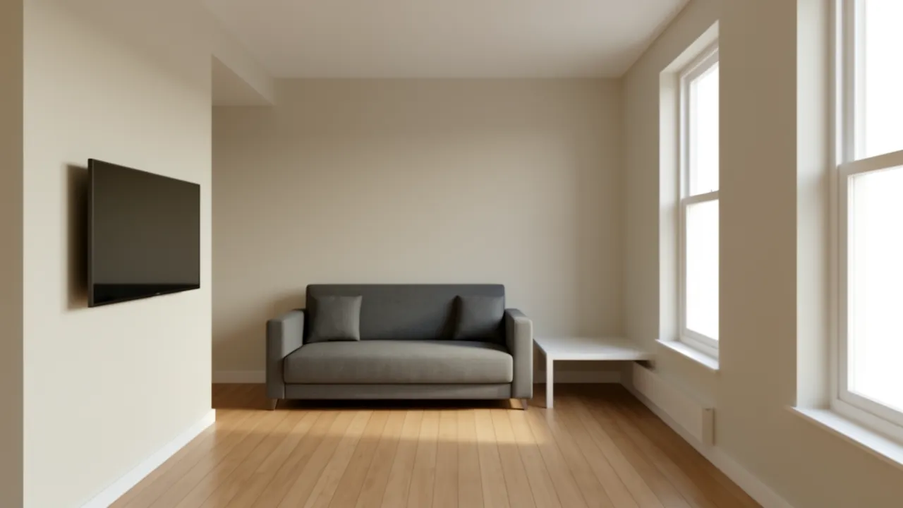 Small 2 BHK apartment living room with space efficient furniture layout