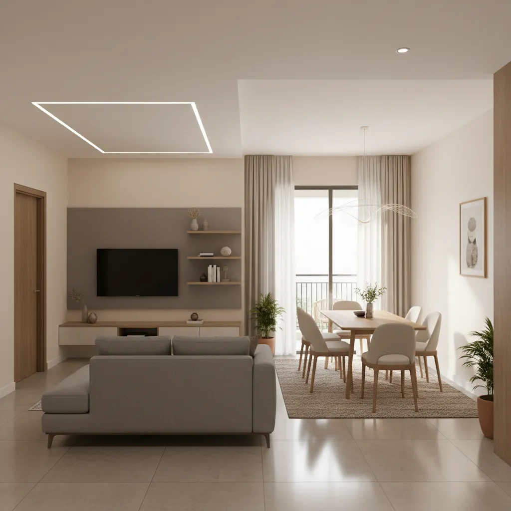 open living room layout in a compact 2 BHK apartment
