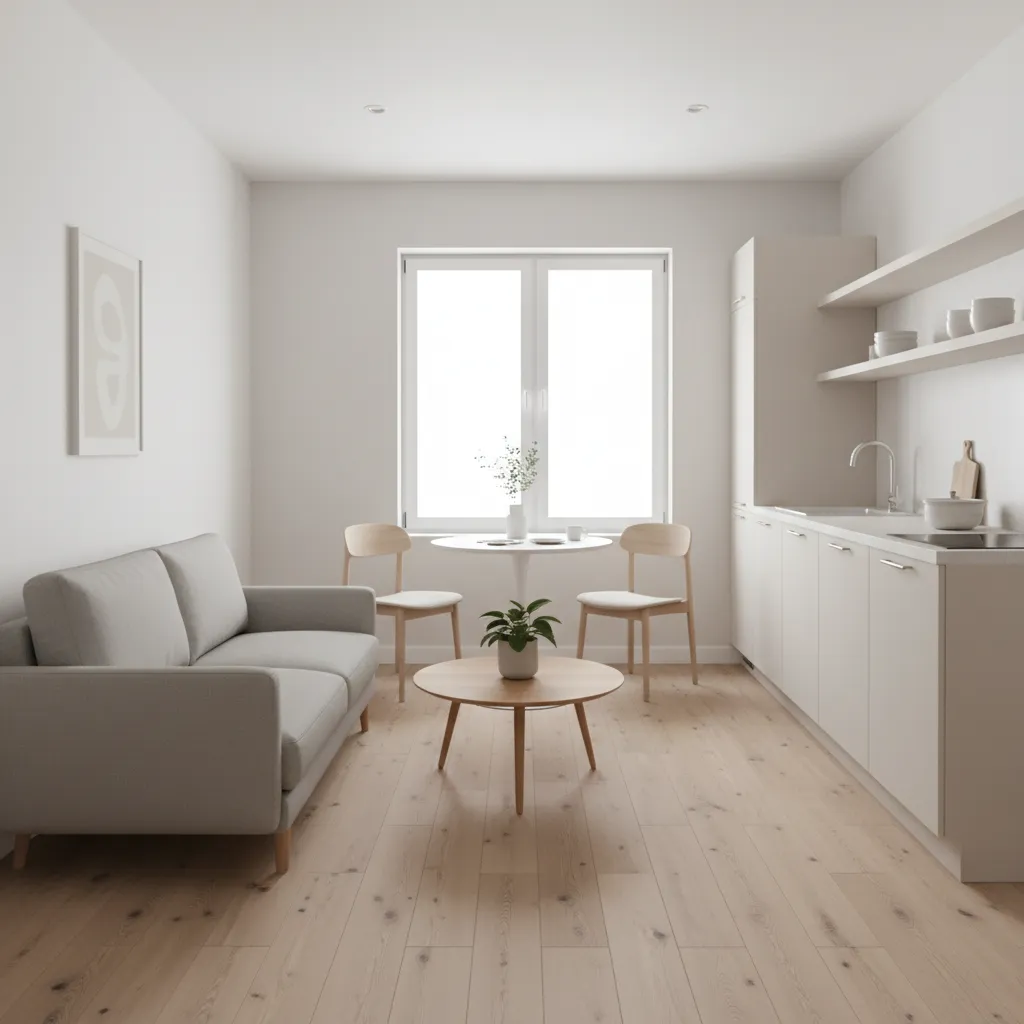 Không gian mở trong mẫu nhà 30m2 với phòng khách và bếp liền nhau