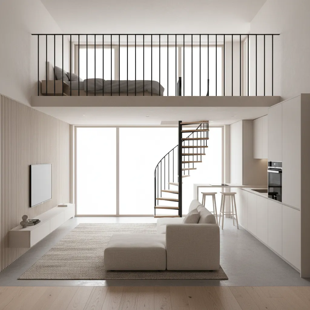Modern loft living room featuring white sofa spiral staircase small kitchen and upstairs bedroom area