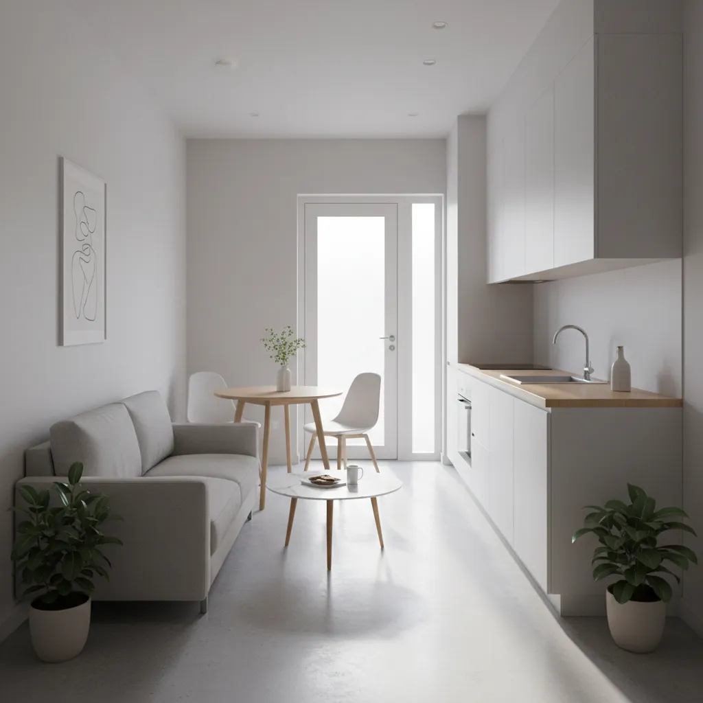 Minimalist white studio with grey sofa, wood dining table, white kitchen cabinets, and green plants