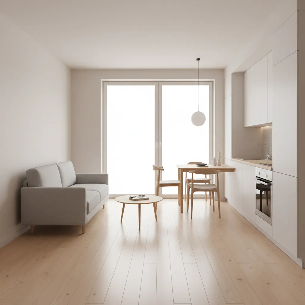 Không gian mở trong nhà 40m2 với phòng khách và bếp liền nhau