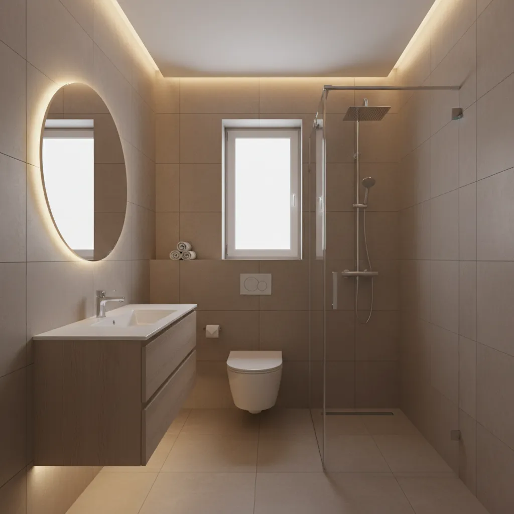 Example layout of a compact 4x6 bathroom with shower toilet and vanity