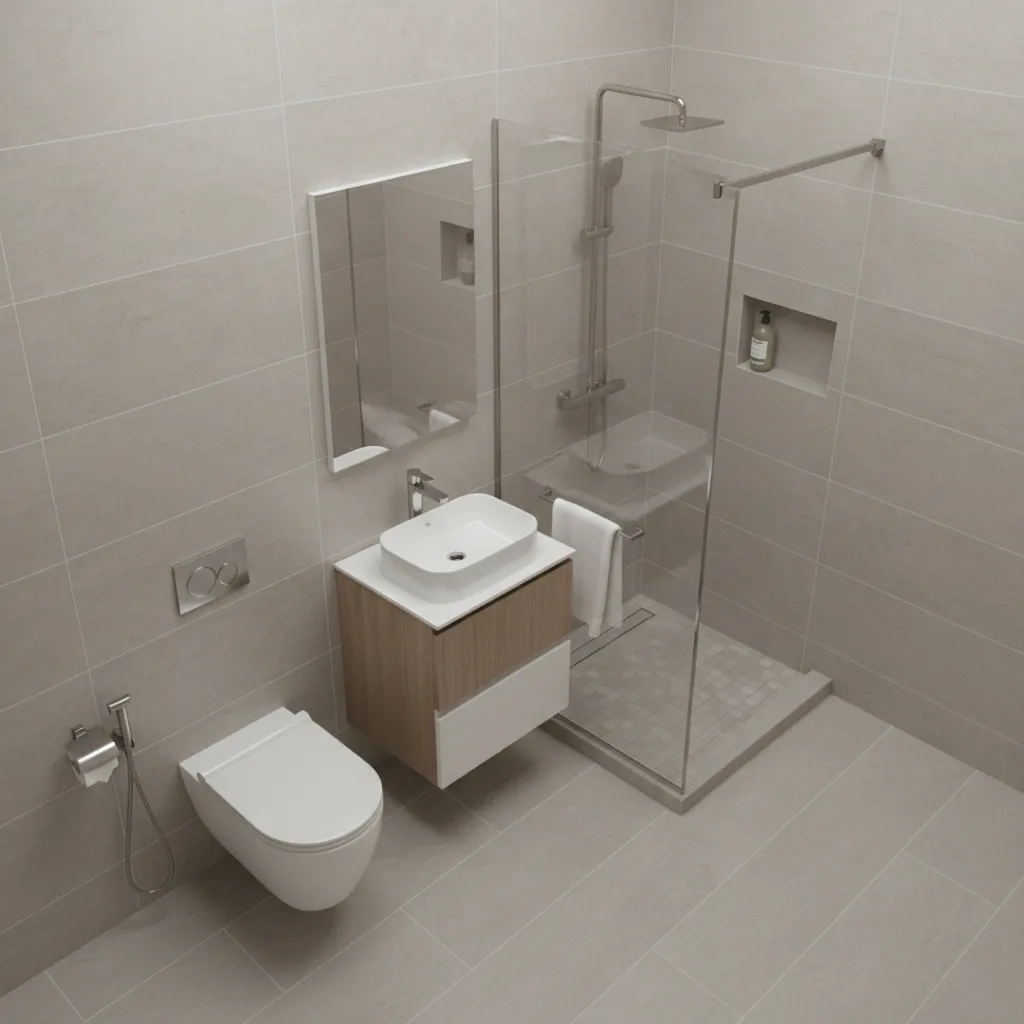 Small 4x6 bathroom interior showing compact layout with toilet sink and shower