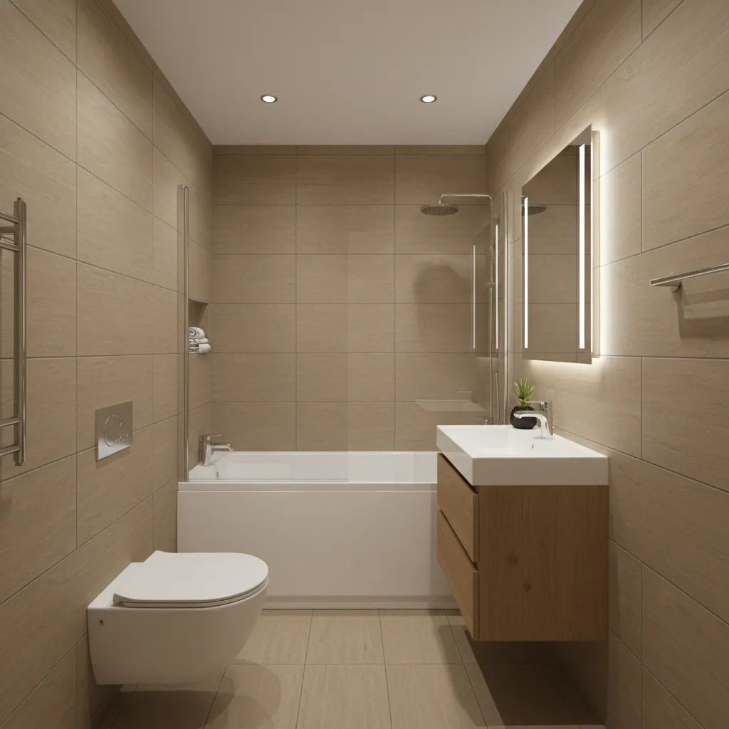 compact 4 by 7 bathroom interior with tub shower combo and vanity