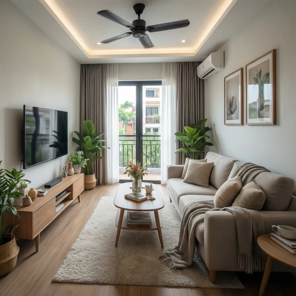 Phòng khách nhỏ trong thiết kế nhà 4x8m 1 tầng