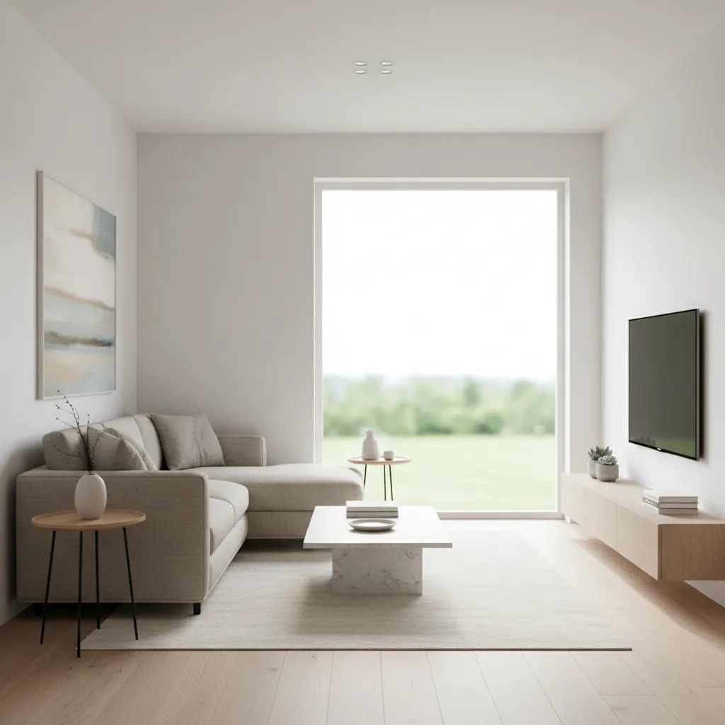 Minimalist living room with grey sofa, marble table, wooden cabinet, and big window nature view