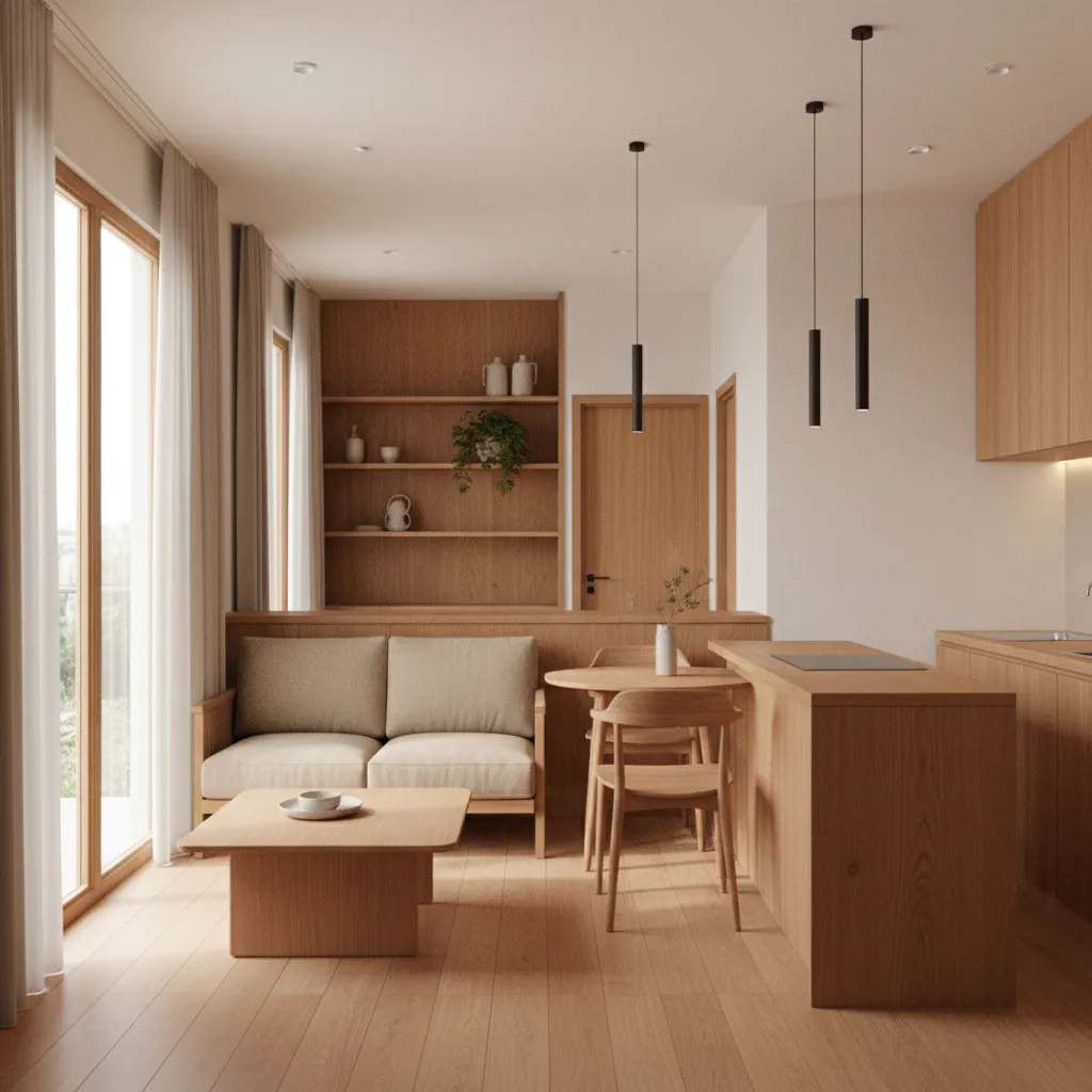 Không gian phòng khách và bếp mở trong nhà 50m2