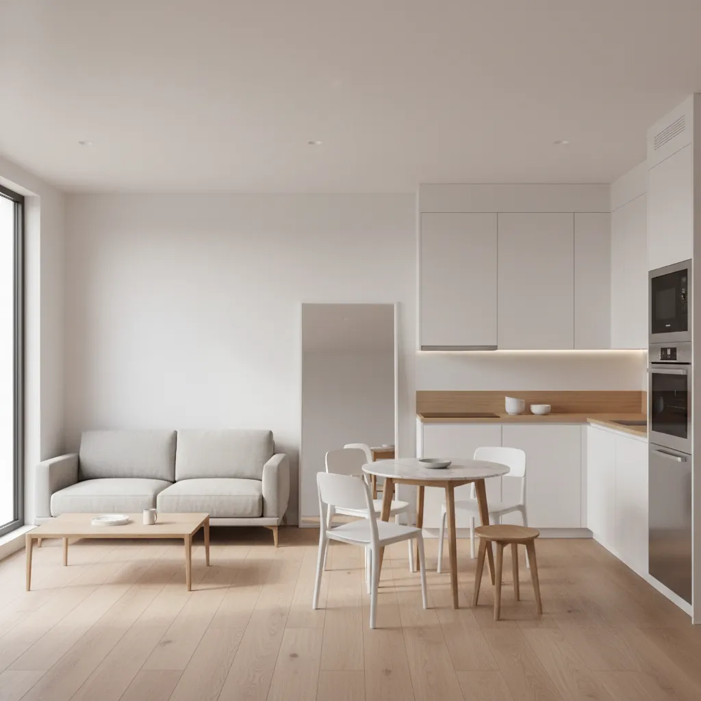 Bright open living room with grey sofa coffee table white kitchen and round dining table