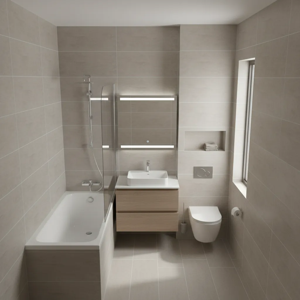 Compact 5x9 bathroom layout with tub, toilet, and vanity arrangement