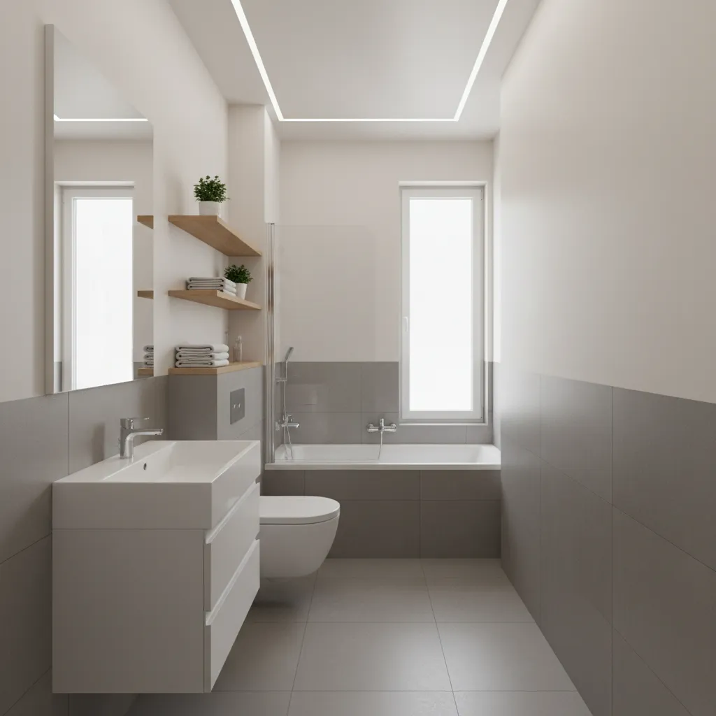 compact 5x9 bathroom layout with vanity toilet and storage zones