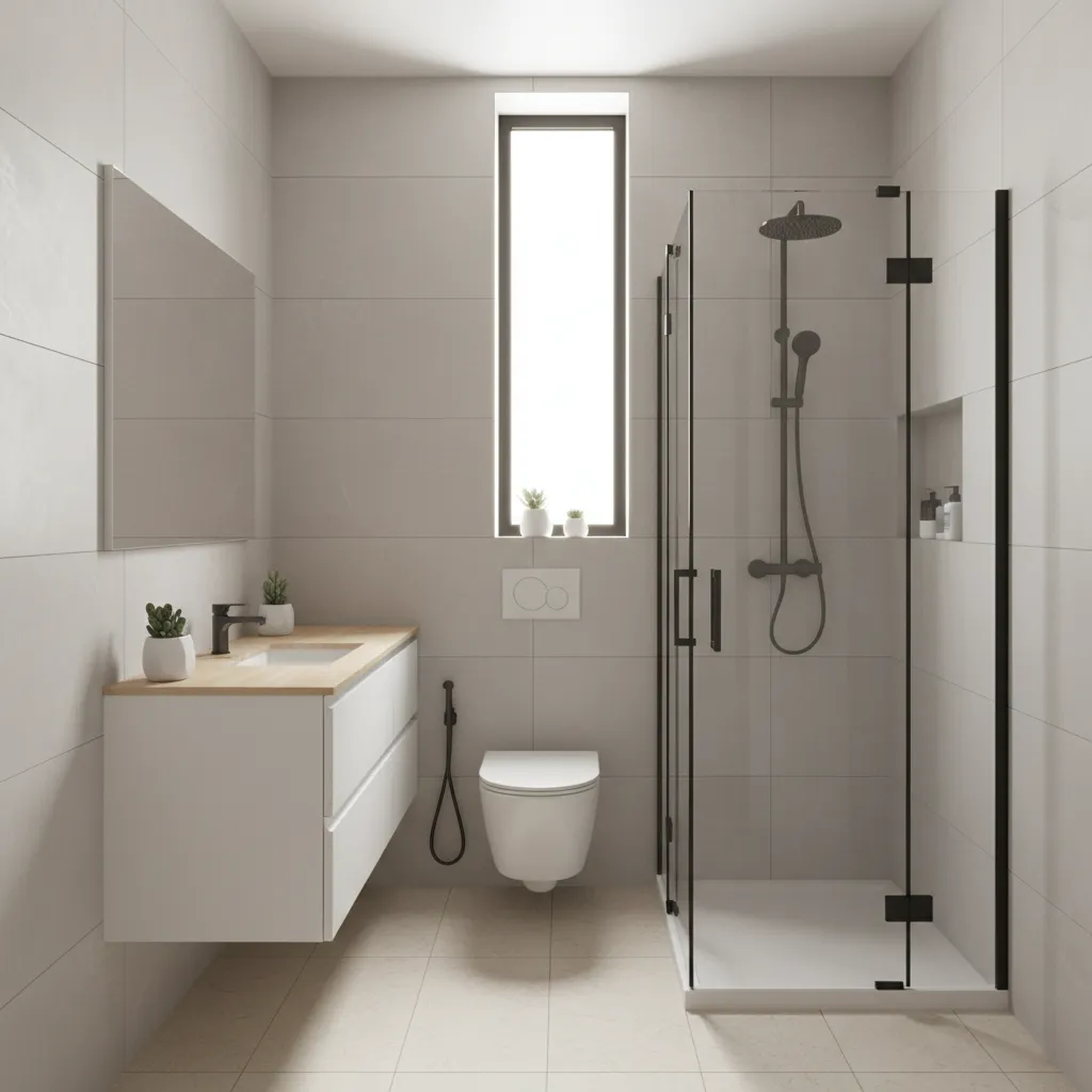 compact 6 by 8 bathroom layout with shower toilet and floating vanity