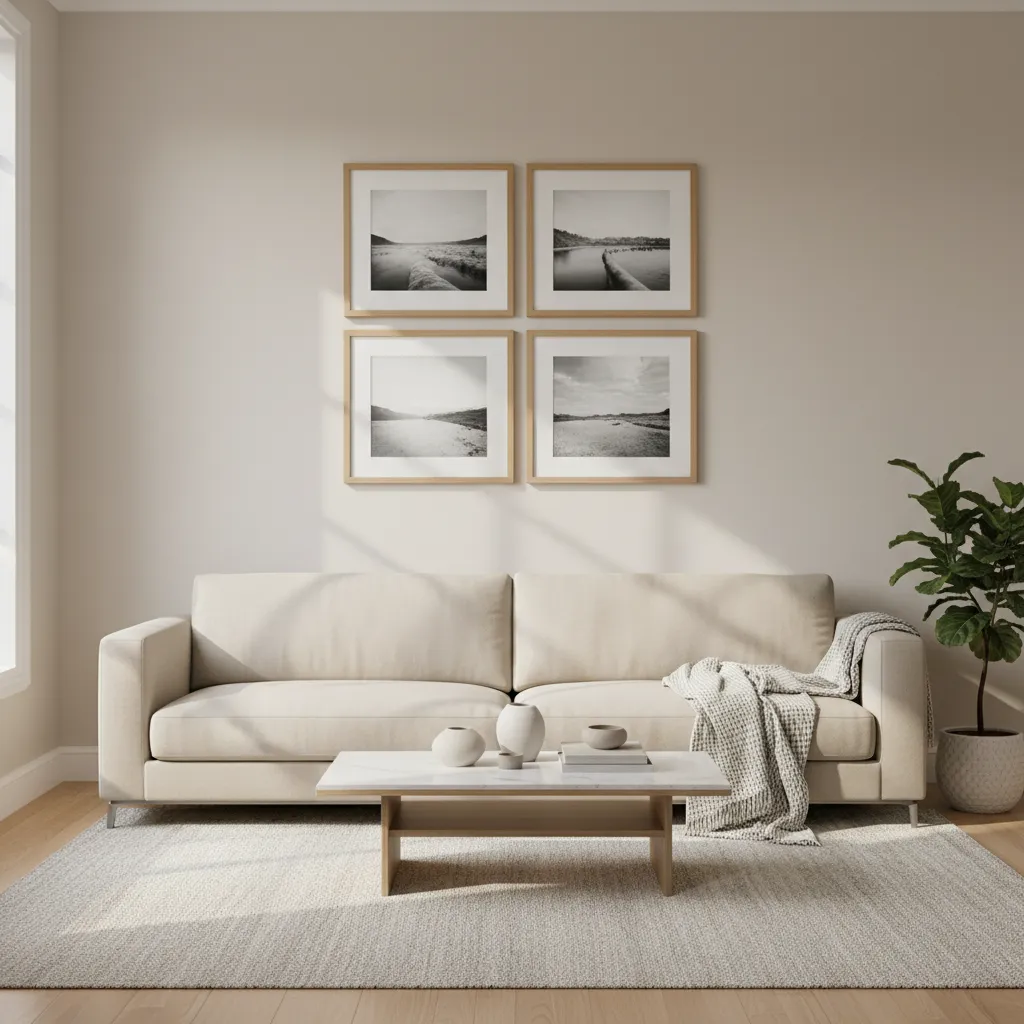 Small gallery wall with four 8x10 frames arranged above a sofa