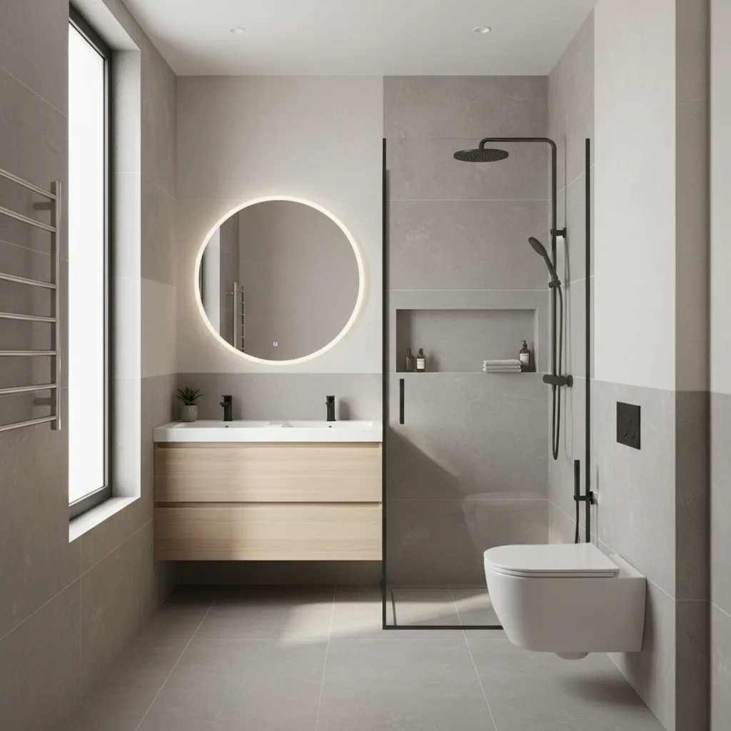overview of compact 8x5 bathroom layout with shower vanity and toilet