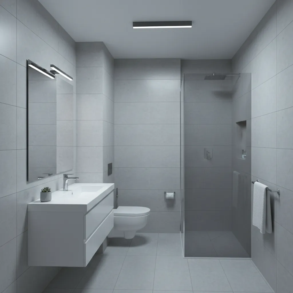 overview of a compact 8 x 6 bathroom with vanity toilet and shower