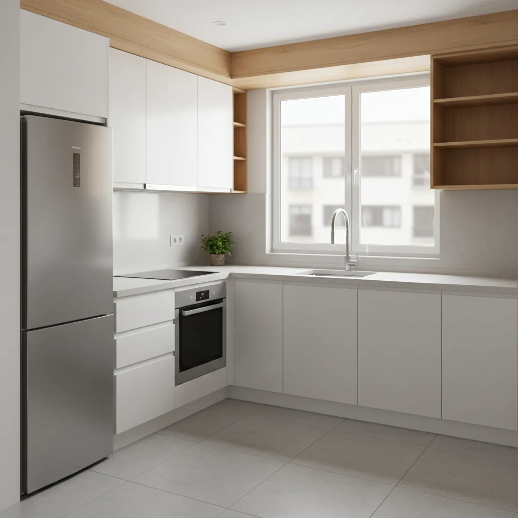 Compact 8x6 modular kitchen layout with modern cabinets and efficient workspace
