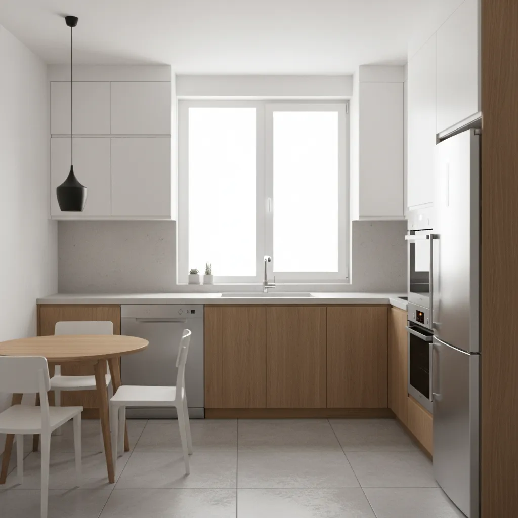 Compact 8x8 kitchen with efficient cabinet layout