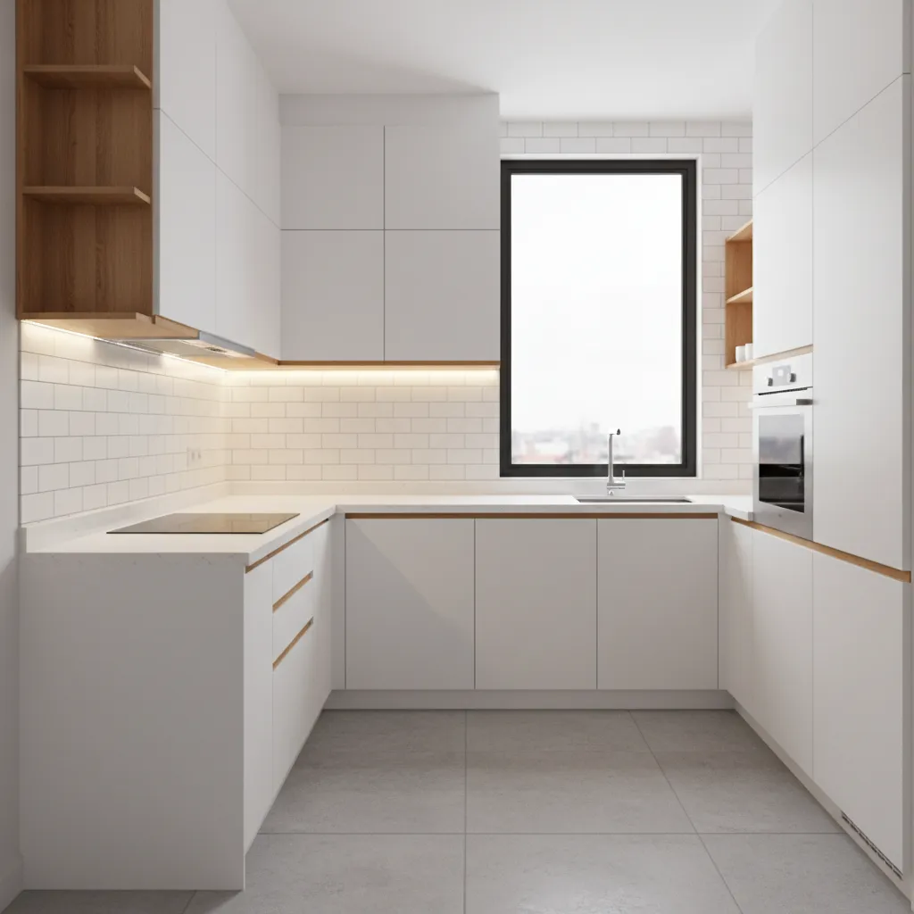 compact 8x8 modular kitchen layout with modern cabinets