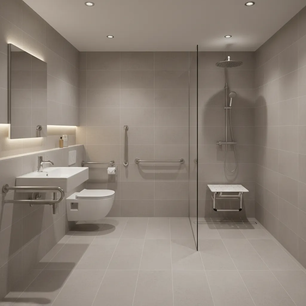 small wheelchair accessible bathroom interior with open floor space