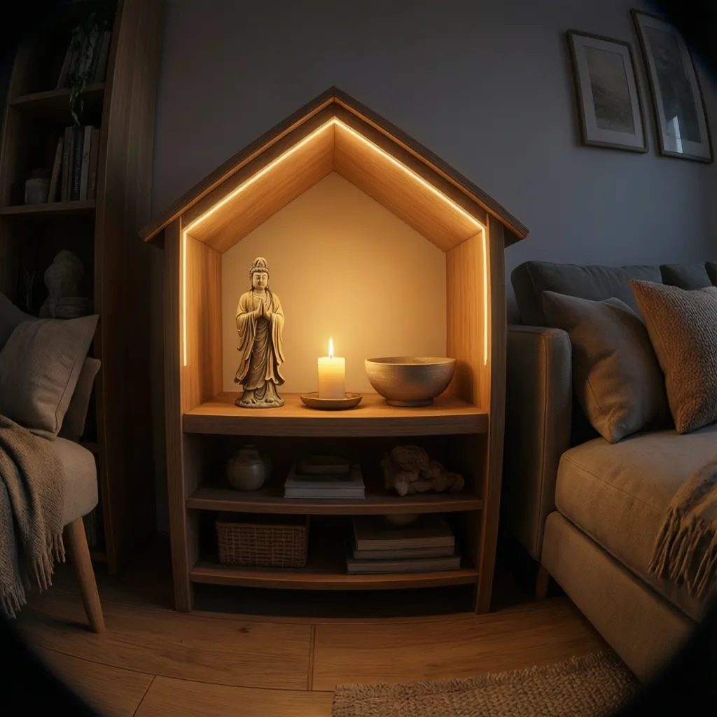 Small altar with warm accent lighting highlighting sacred objects