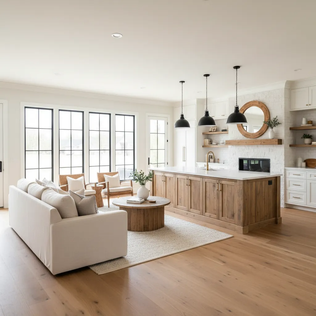 Interior de casa americana pequeña con cocina y sala en espacio abierto
