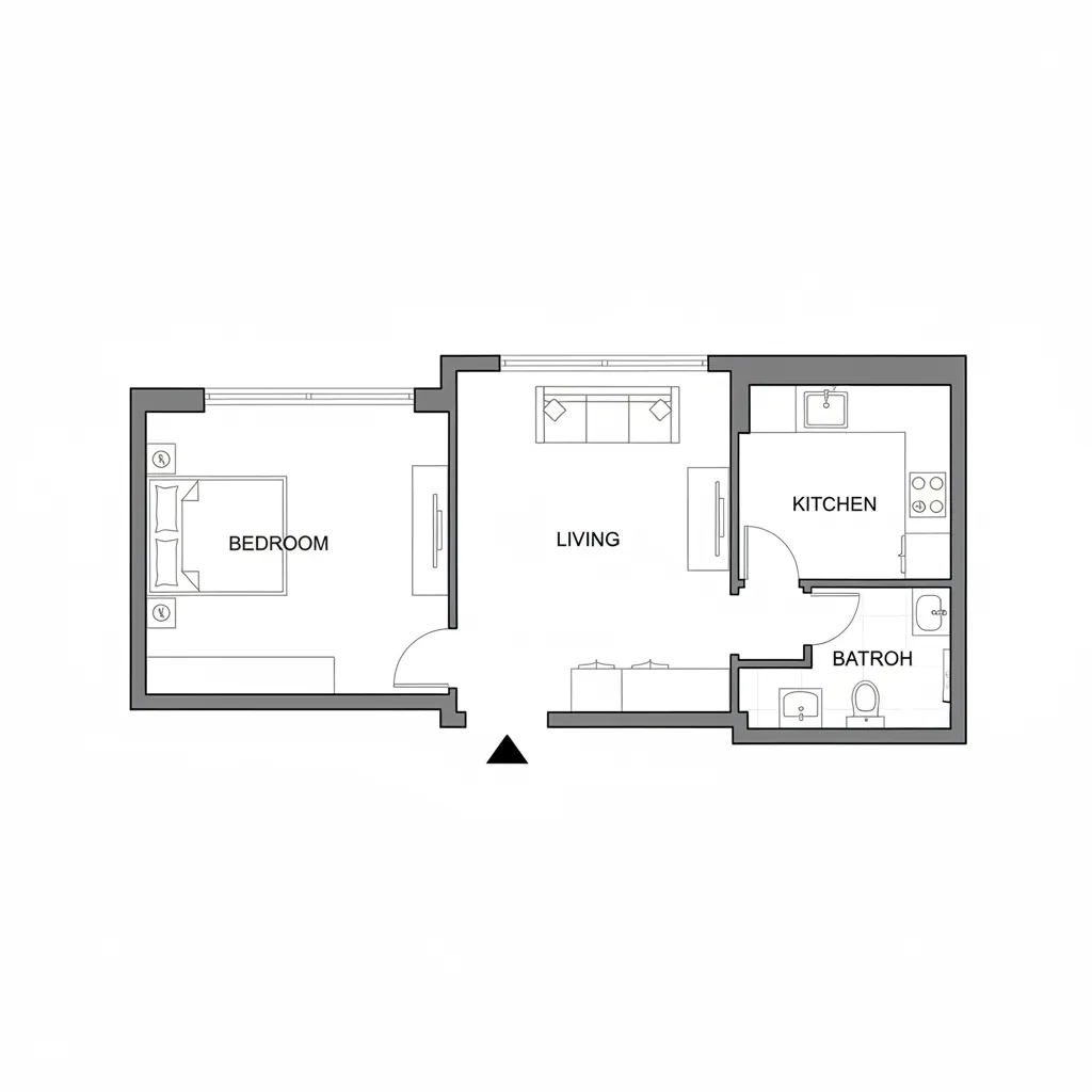 Simple floor plan showing 1 RK converted to 1 BHK layout