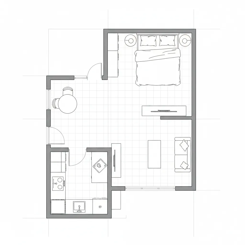 compact studio apartment 2D layout showing efficient furniture placement