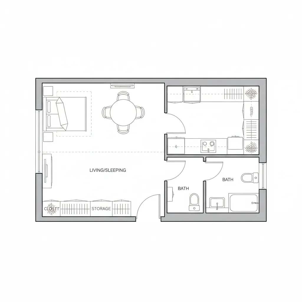Small studio apartment 2D layout showing optimized furniture placement