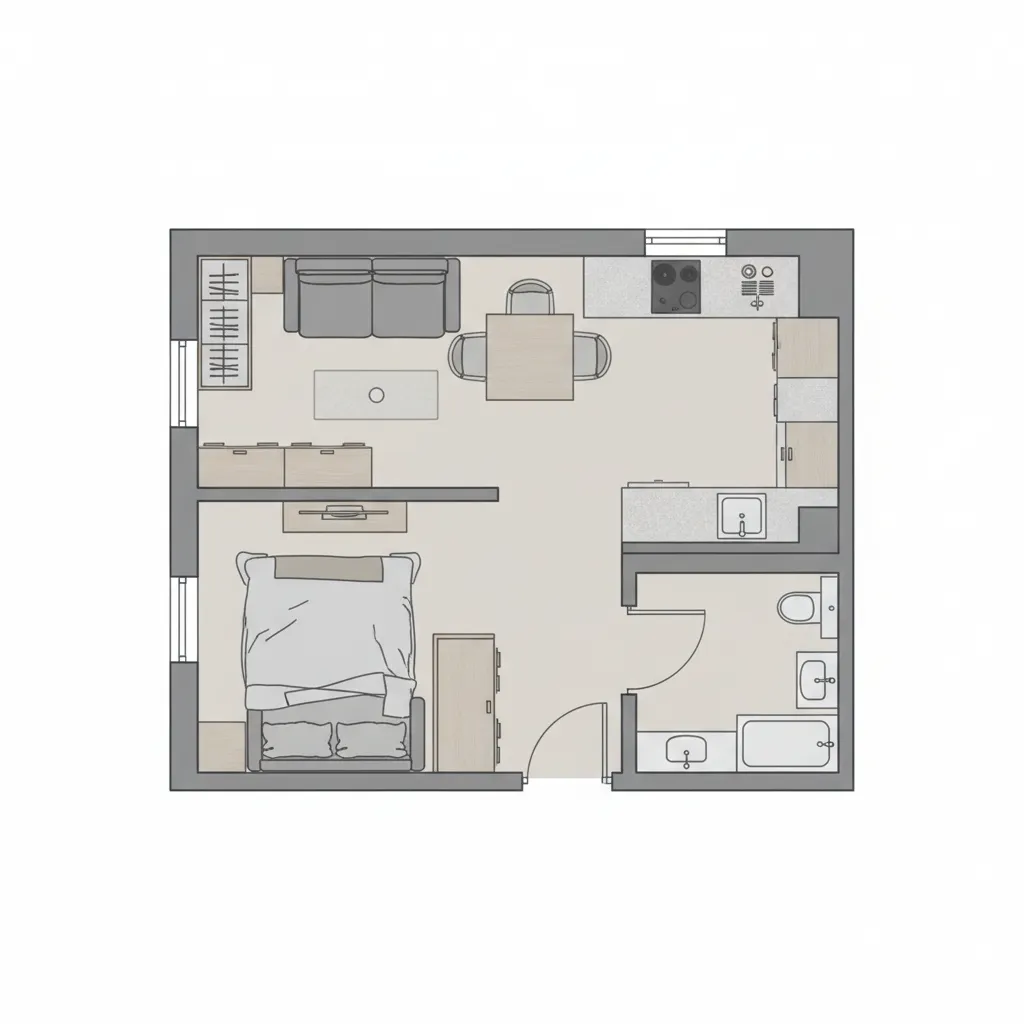 Optimized small apartment 2D floor plan layout with furniture placement