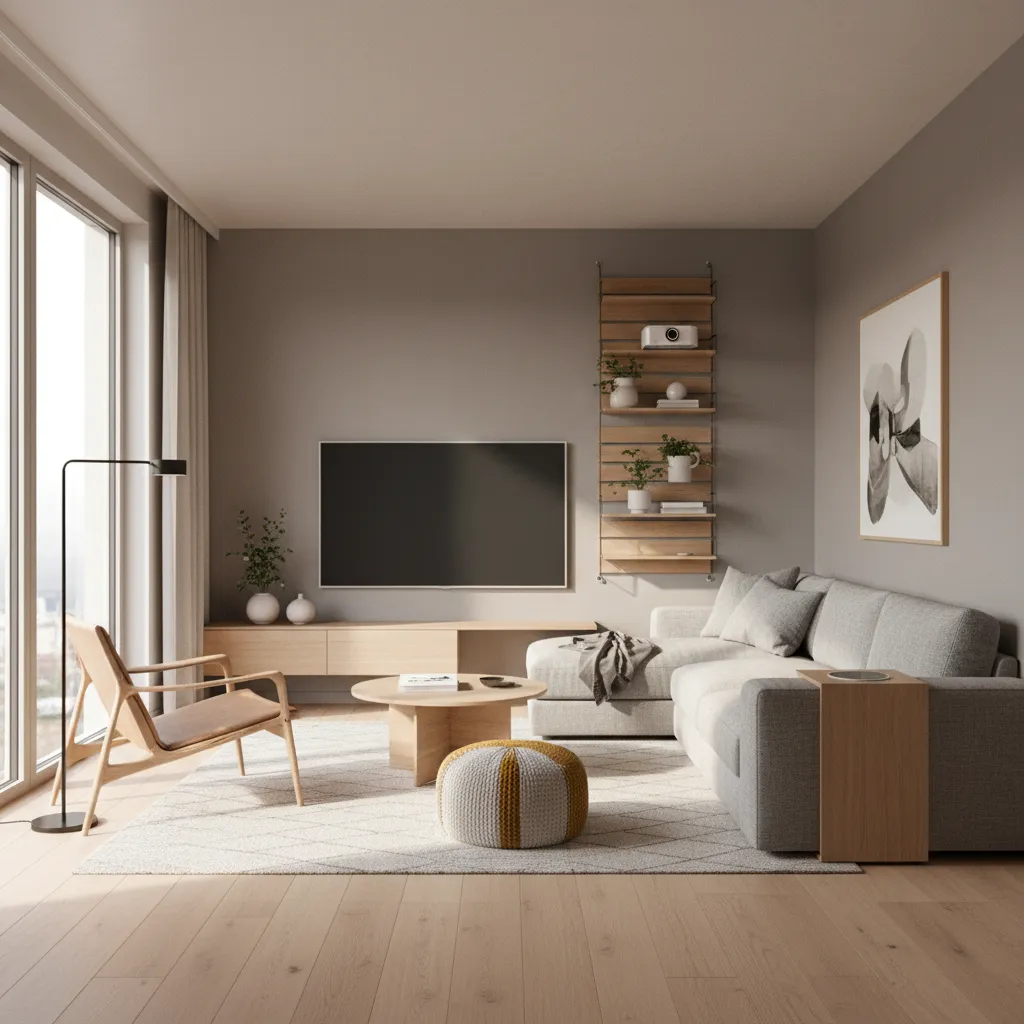 Diseño 3D de un apartamento pequeño optimizado con muebles funcionales
