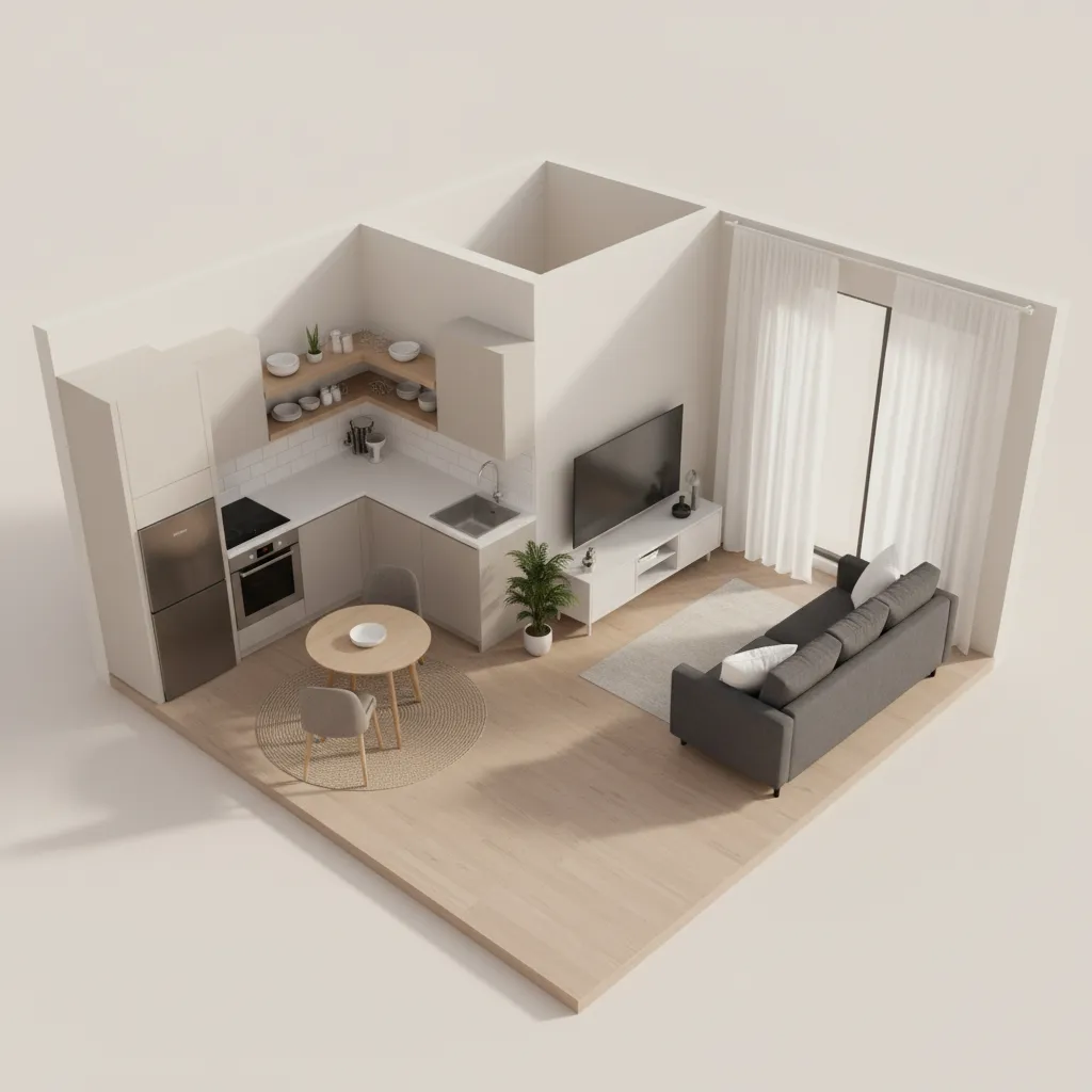 3D visualization of a small studio apartment layout with furniture placement