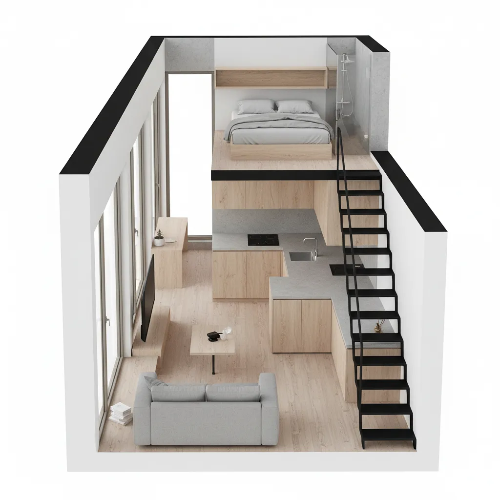 Plano 3D de una microvivienda con zonas bien definidas