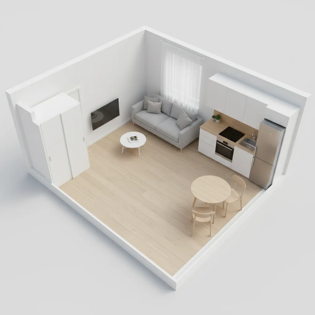 3D floor plan visualization of a small studio apartment layout