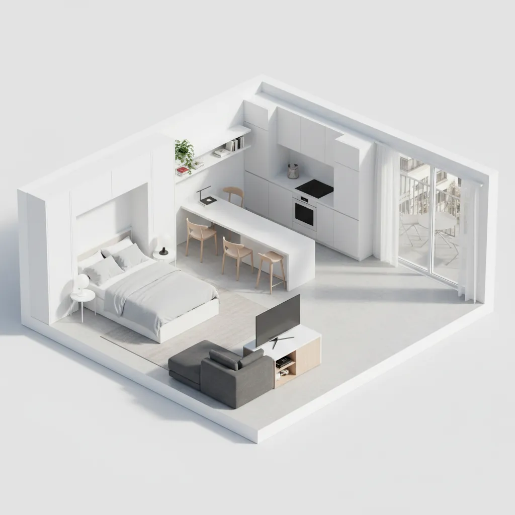 3D floor plan of a compact apartment optimized for small space living