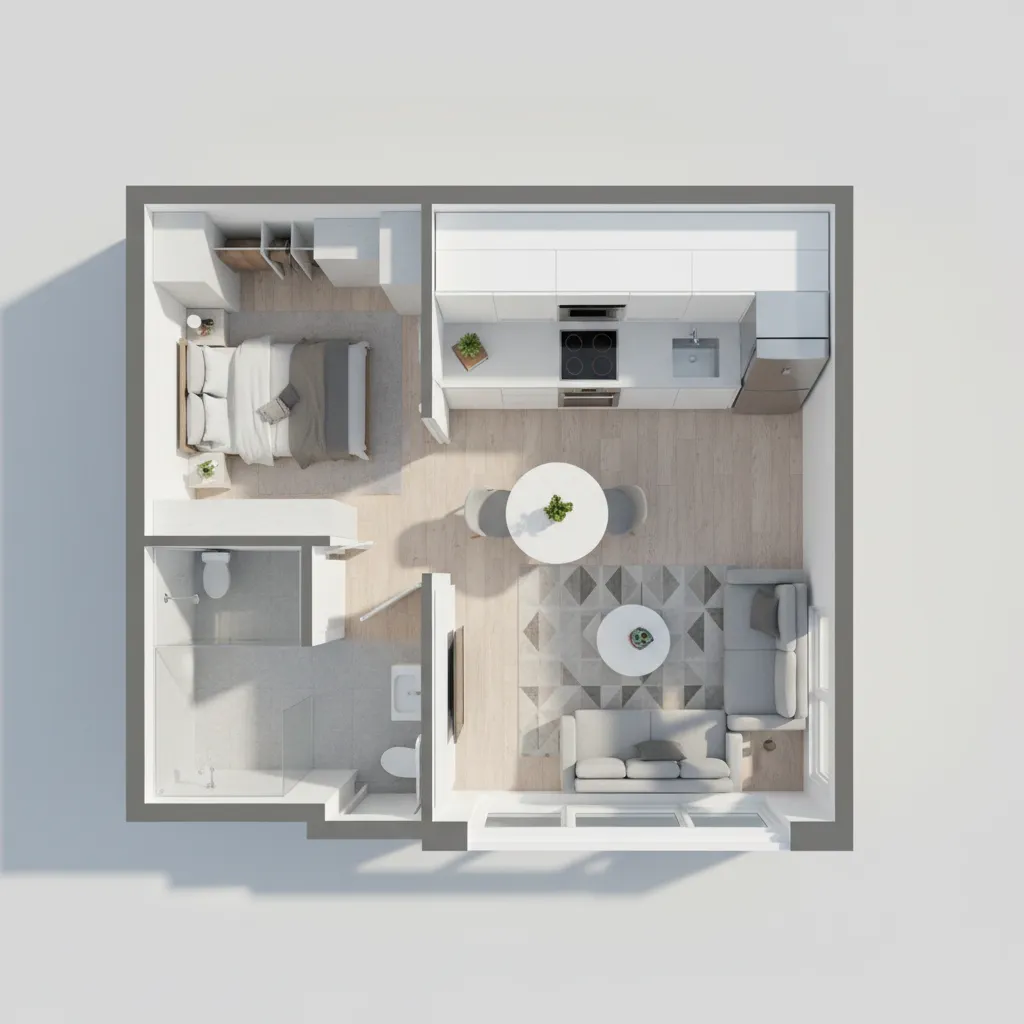 3D floor plan showing optimized layout for a small apartment with smart furniture placement