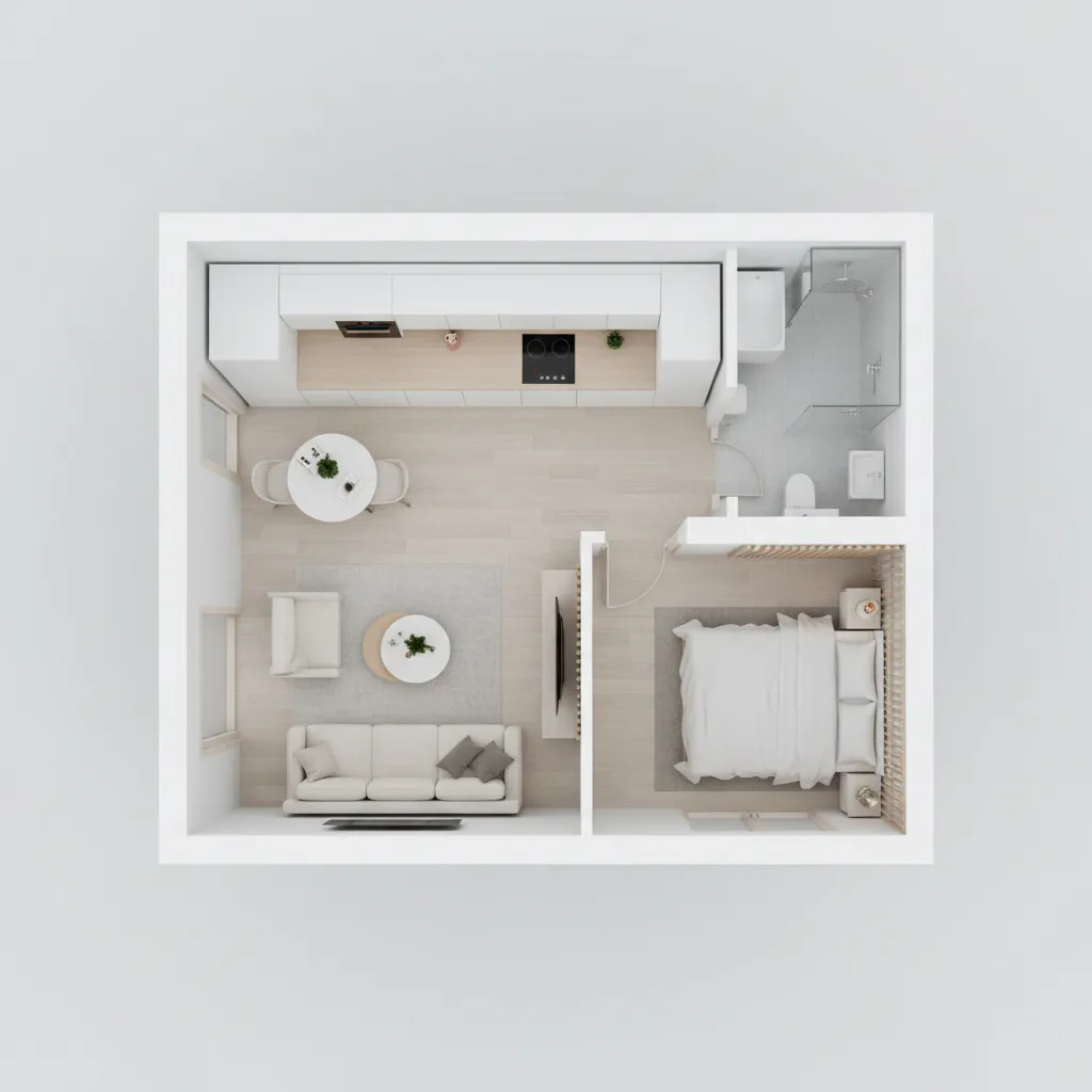 3D rendered small apartment floor plan showing living room, kitchen and bedroom zones