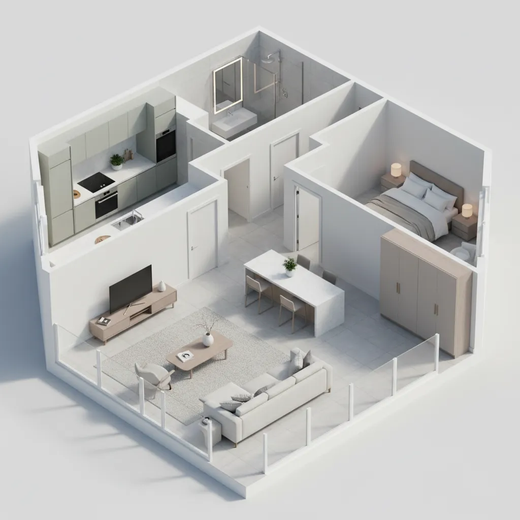 3D floor plan visualization of a small apartment layout with furniture