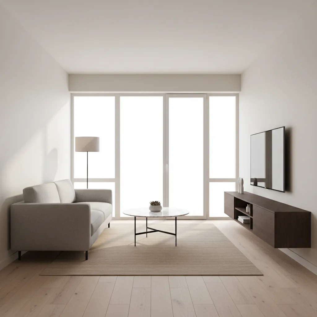 Minimalist living room with grey sofa marble coffee table floating wood cabinet and large windows