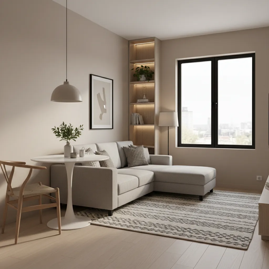 small apartment interior 3D render showing optimized furniture layout
