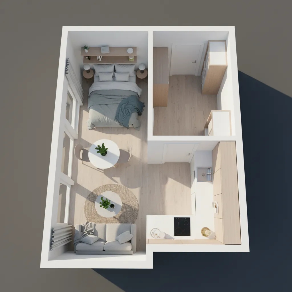 3D studio apartment room layout with bed grey sofa kitchen dining table and wood floor