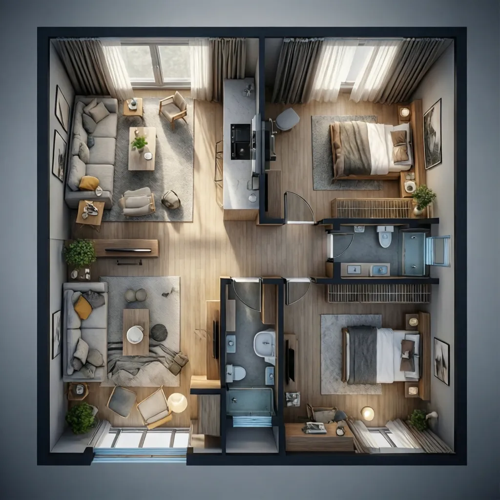3D overview of a compact 480 sq ft apartment layout