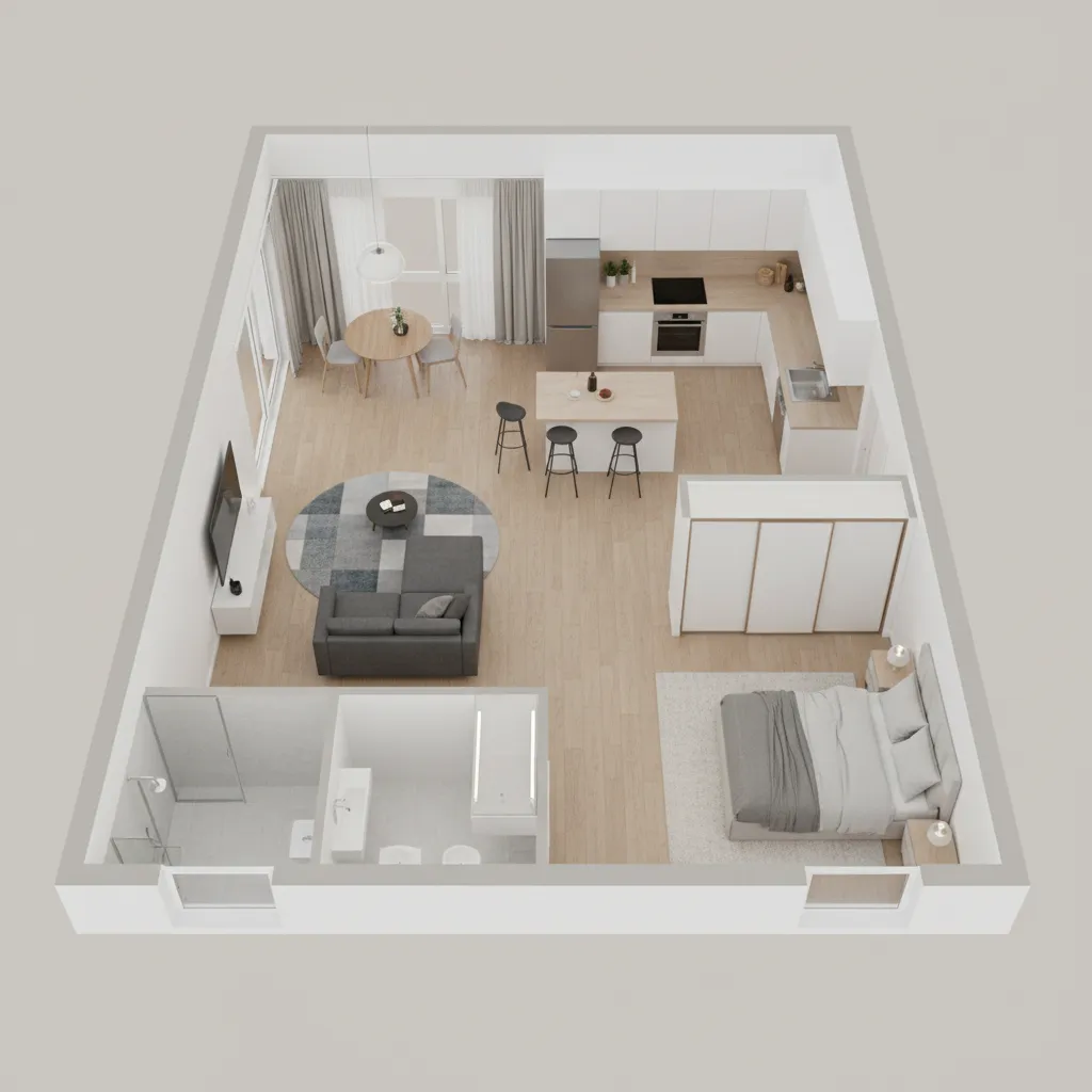 3D interior design drawing of a small apartment showing kitchen living room bedroom and bathroom