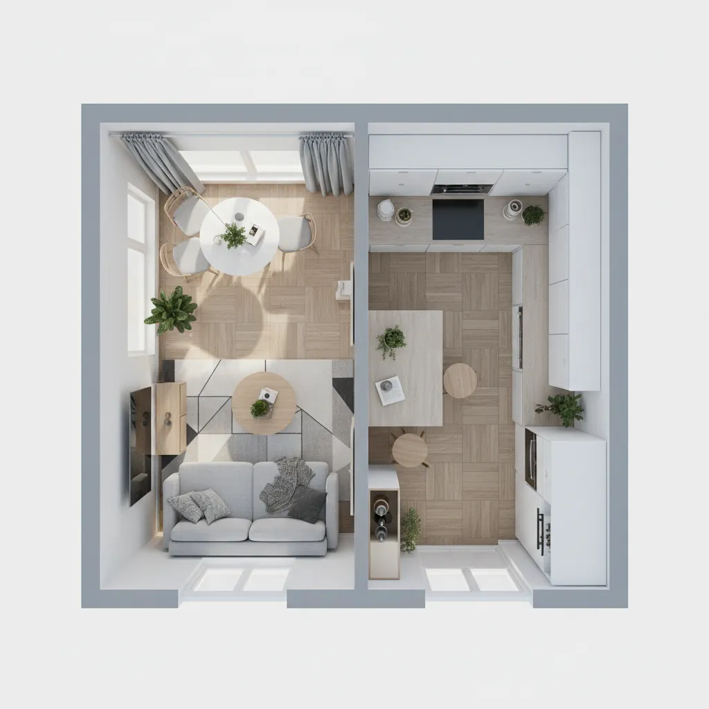 Top down room layout of apartment with sofa dining table and white modern kitchen cabinets